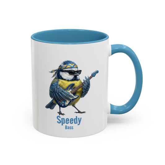 Mug with a bird playing guitar design and 'Speedy Bass' text on a white background