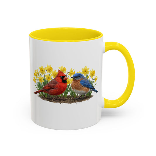 Spring Mug with a cardinal and bluebird on a floral background and yellow interior and handle