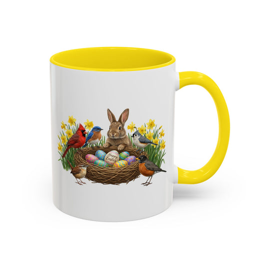 Mug with a colorful design of a rabbit, birds, and Easter eggs on a white background