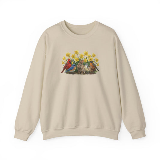 Beige sweatshirt with a colorful bird bunny daffodils spring design on a white background