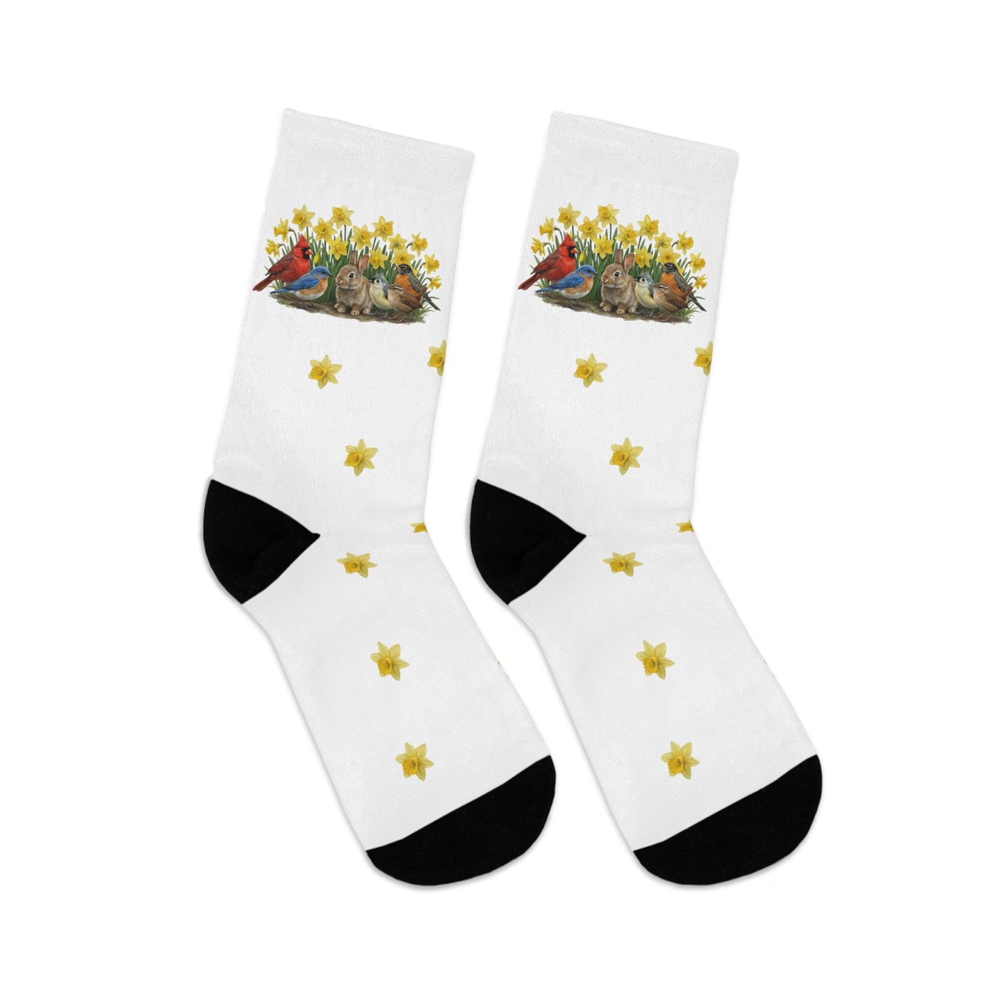 White socks with bird bunny and daffodil design on a white background