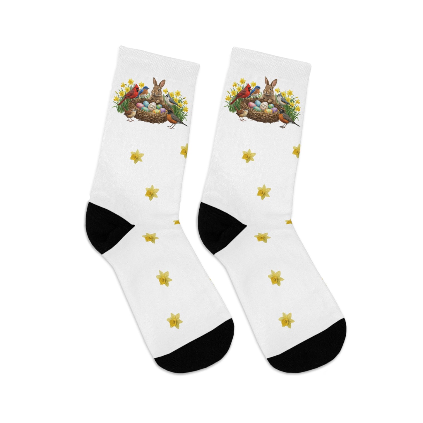White socks with Easter-themed design featuring bunnies, birds and eggs on a white background