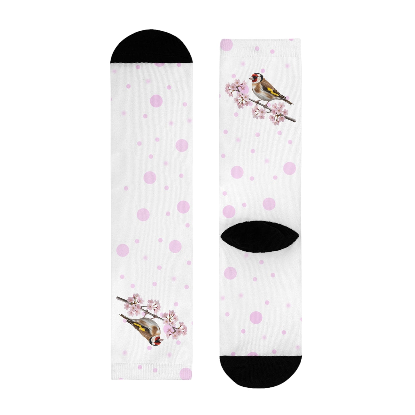 Stieglitz Socken mit Kirschblüten | Weiß Rosa gepunktete Vogelmotiv Strümpfe
