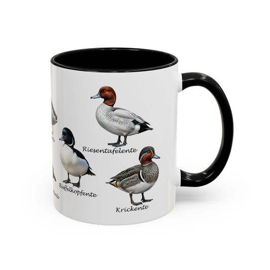 Tasse mit Entenarten: Stockente, Mandarinente & Co. | Farbiger Henkel | Vogelkunde