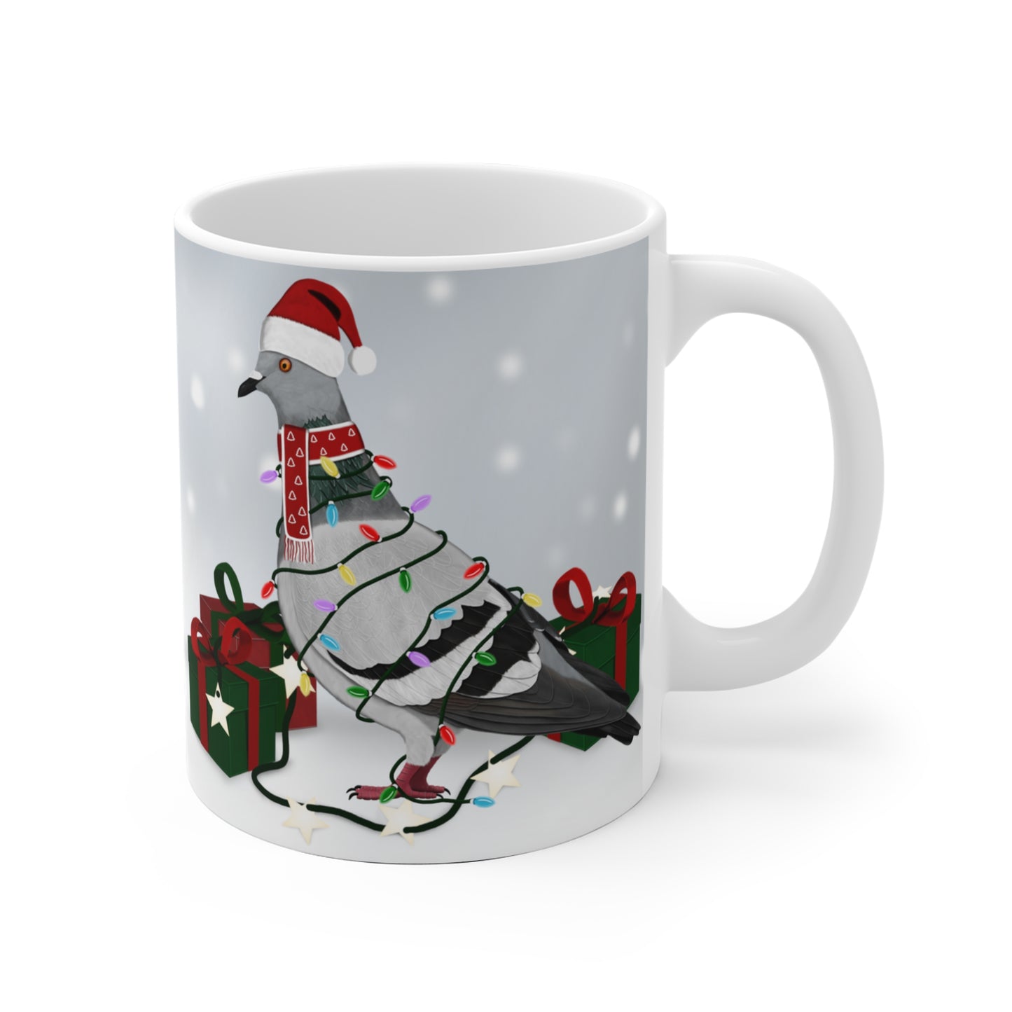 Taube mit Lichterkette im Winter Weihnachten Schnee Vogel Tasse
