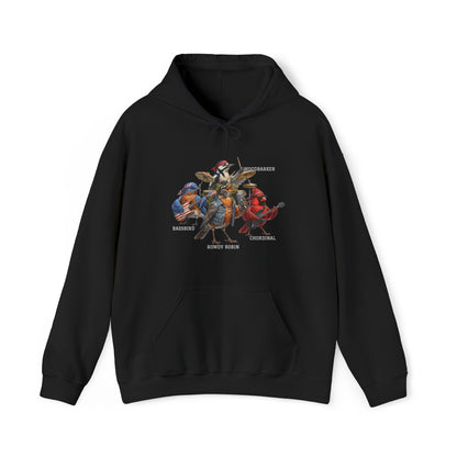 Black hoodie with colorful character bird band design on a white background