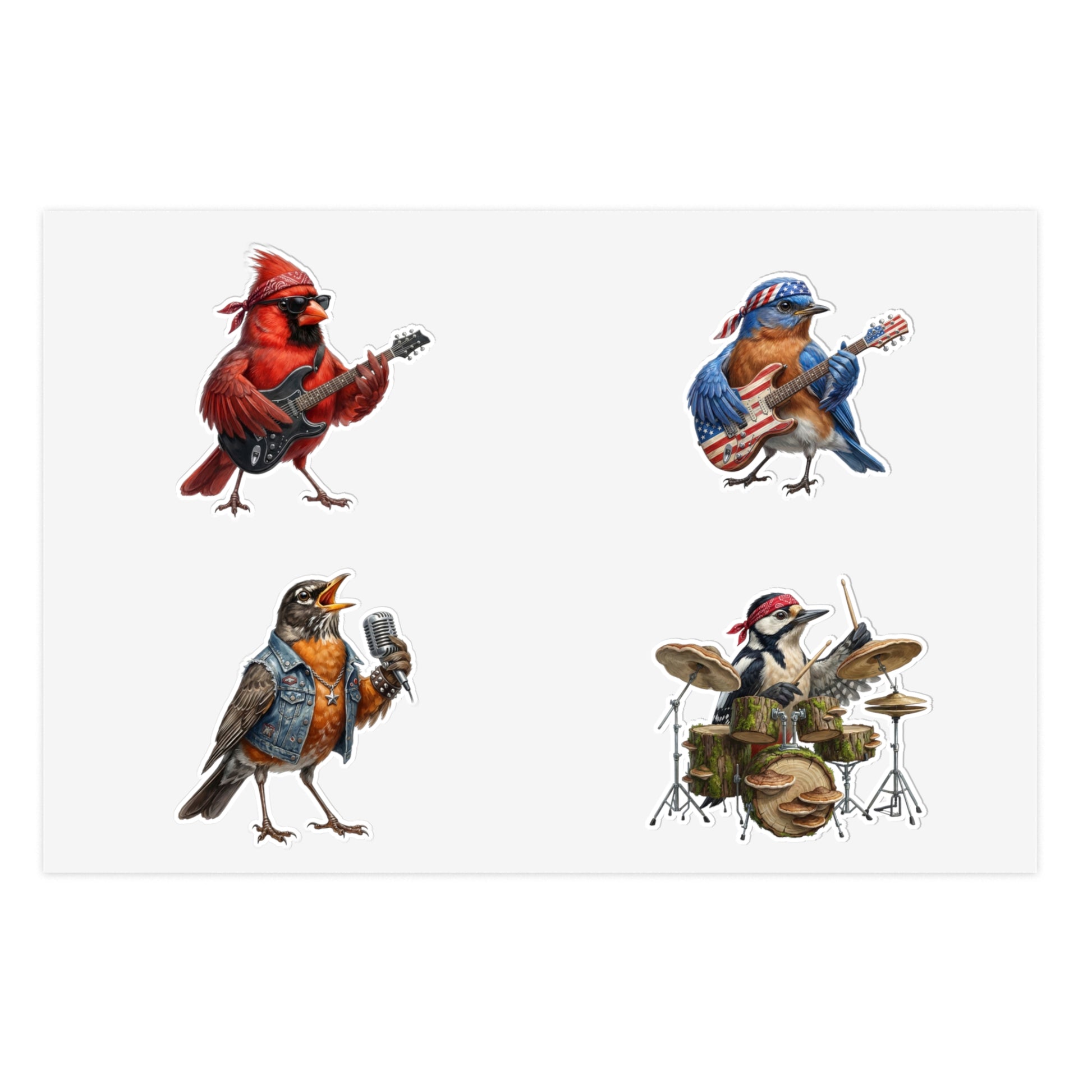 Four birds playing musical instruments on a white background