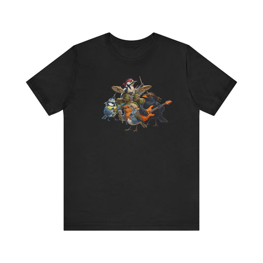 The Backyard Birds Rockband T-Shirt – Lustiges Vogel Shirt mit Rückendruck – Amsel, Rotkehlchen, Meise, Specht – Geschenk für Musiker & Vogelfreunde