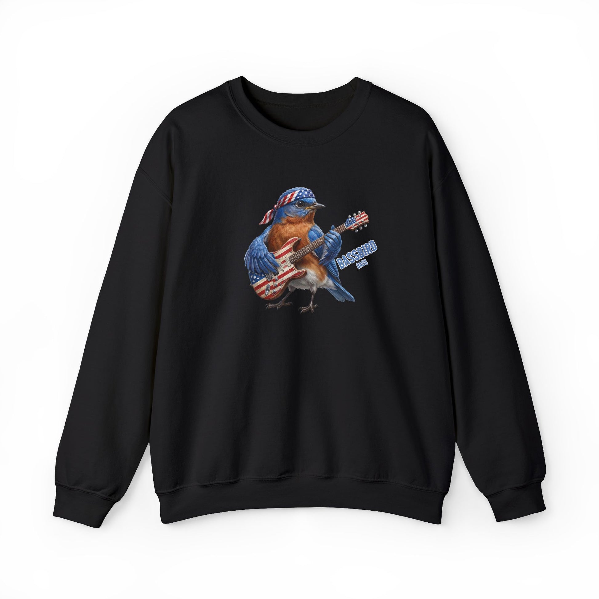 Black sweatshirt with a graphic of a bird playing an American flag guitar on a white background