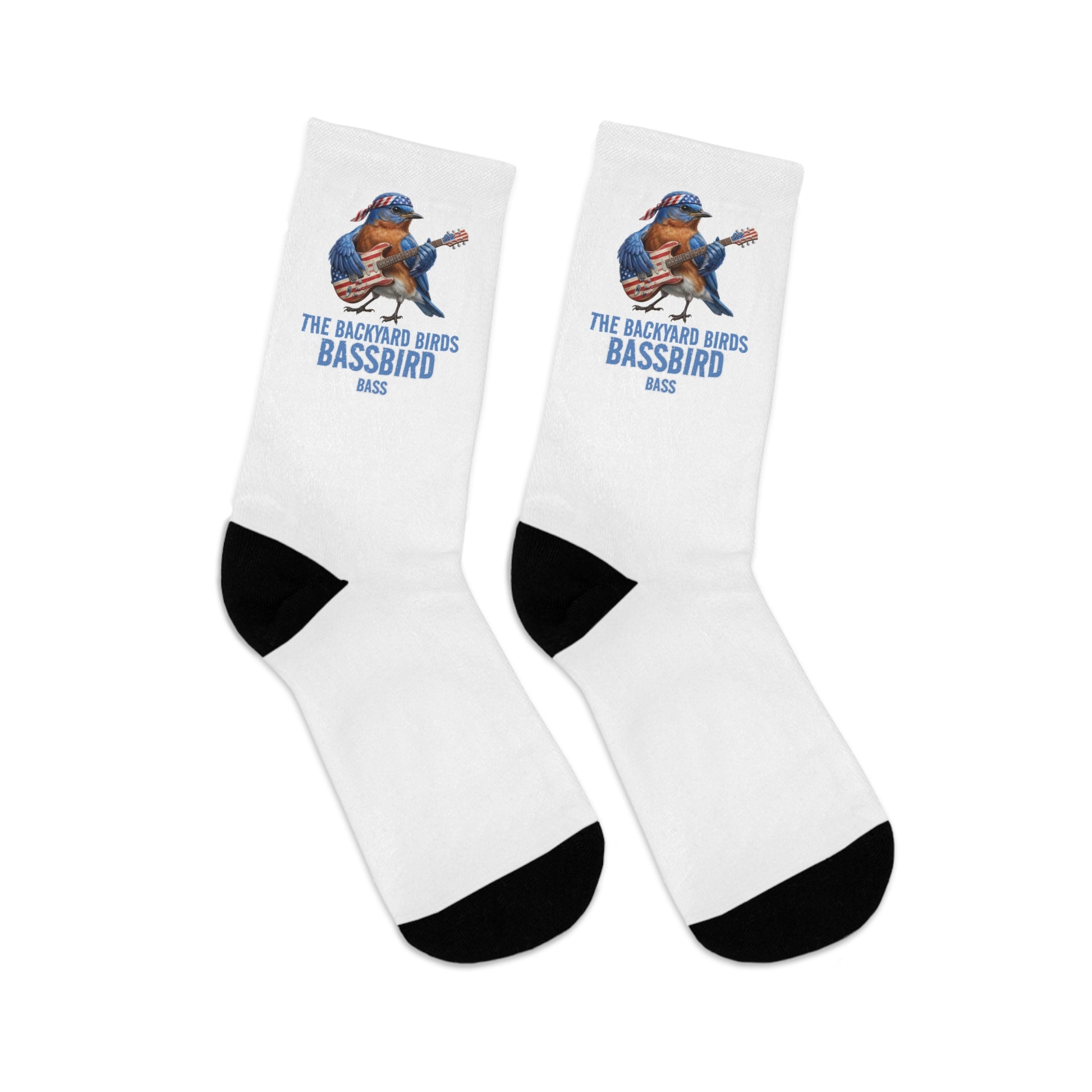 White socks with a bird character and 'The Backyard Birds Bassbird' text on a white background