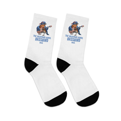 White socks with a bird character and 'The Backyard Birds Bassbird' text on a white background