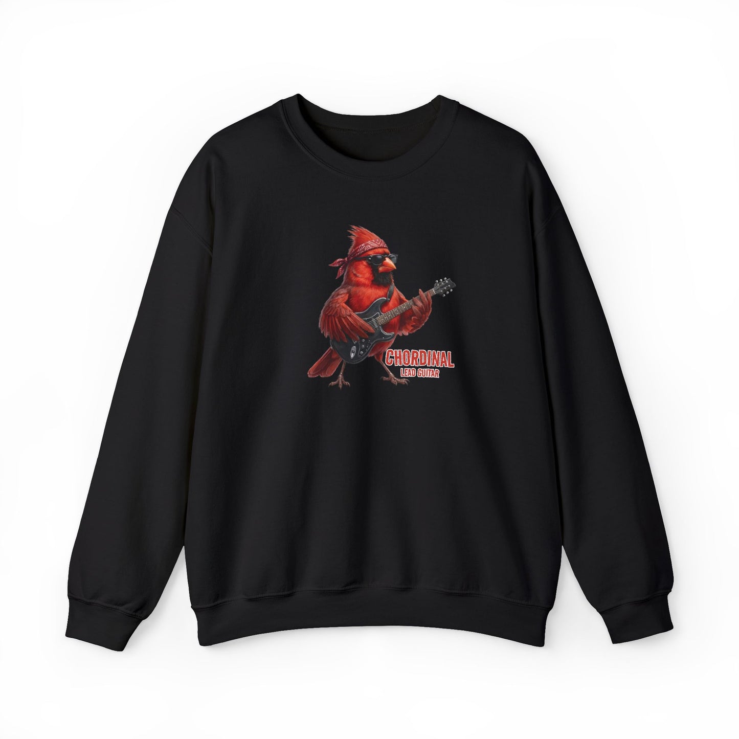 Black sweatshirt with a red cardinal playing guitar graphic on a white background
