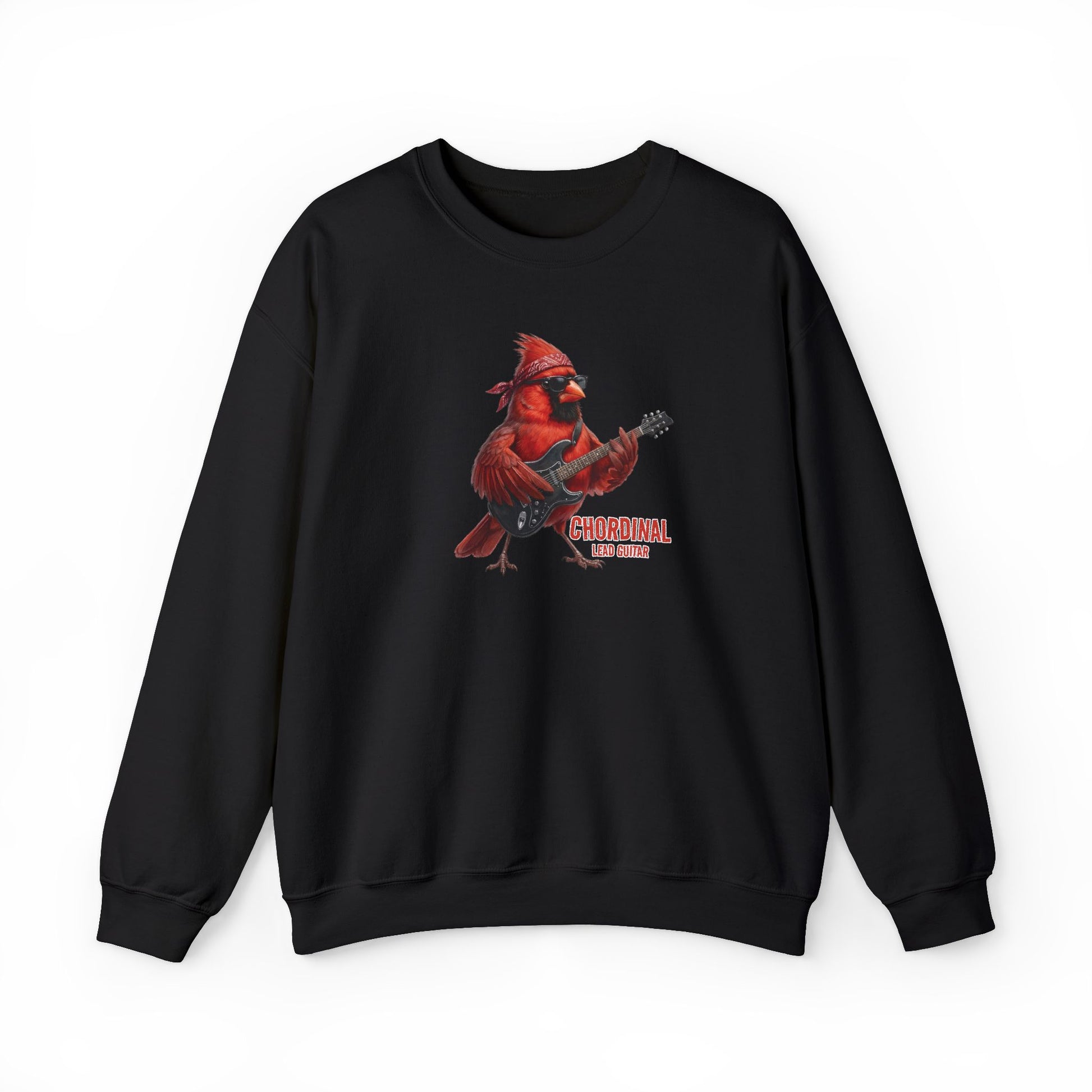 Black sweatshirt with a red cardinal playing guitar graphic on a white background