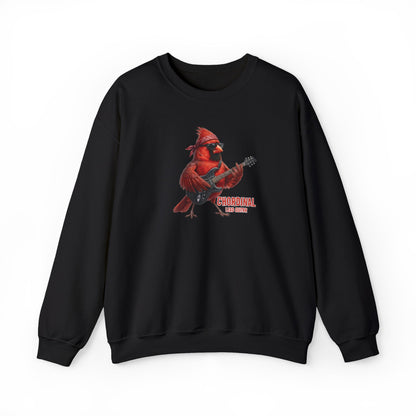 Black sweatshirt with a red cardinal playing guitar graphic on a white background