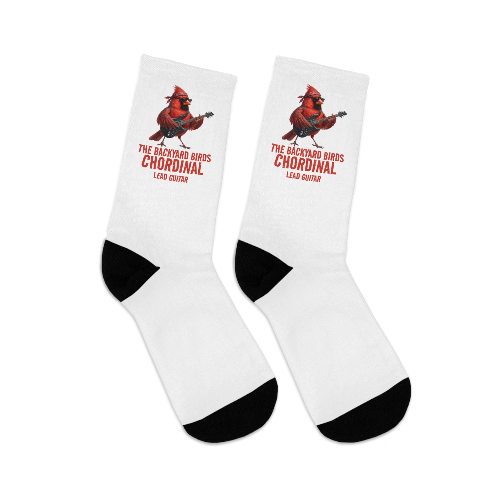 White socks with red cardinal design and text on a white background