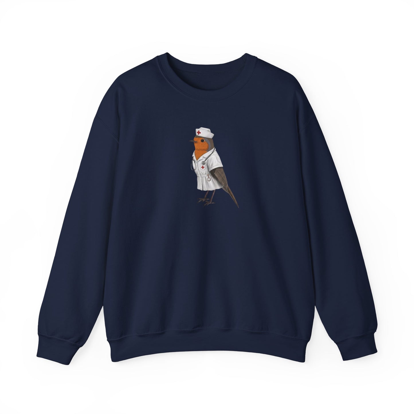 Navy blue sweatshirt with a graphic of a bird in a nurse's outfit on a white background