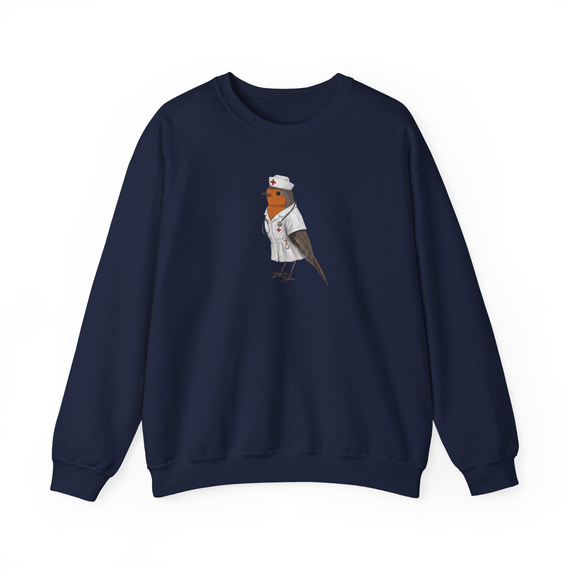 Navy blue sweatshirt with a graphic of a bird in a nurse's outfit on a white background