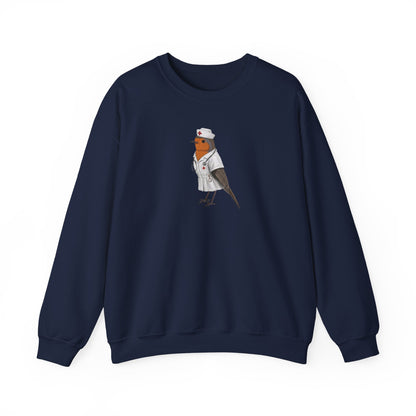 Navy blue sweatshirt with a graphic of a bird in a nurse's outfit on a white background