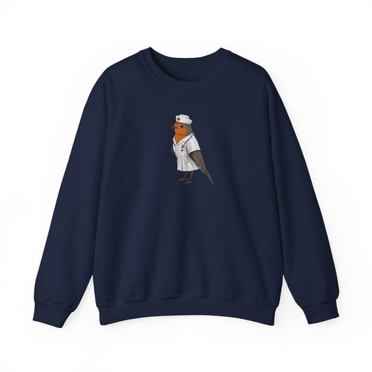 Navy blue sweatshirt with a graphic of a bird in a nurse's outfit on a white background