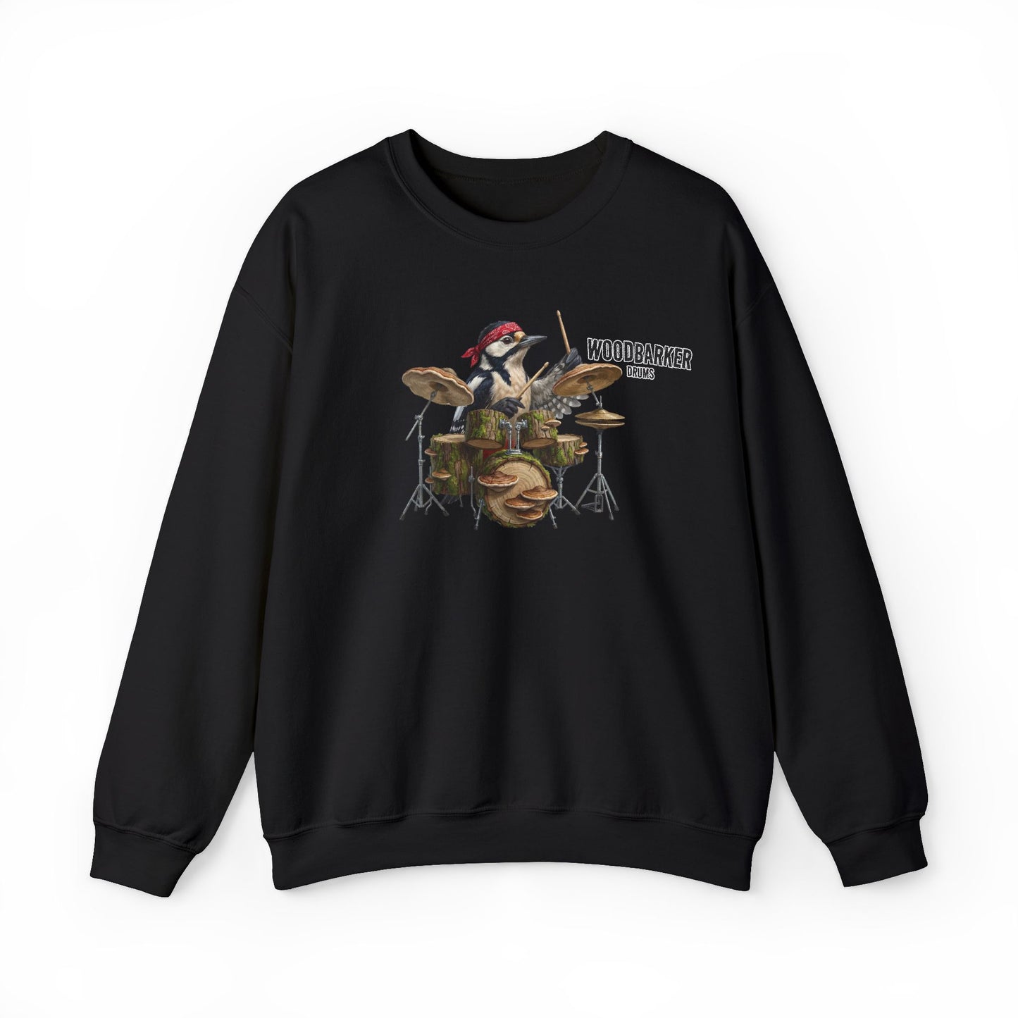 Black sweatshirt with a graphic design of a woodpecker playing drums on a white background