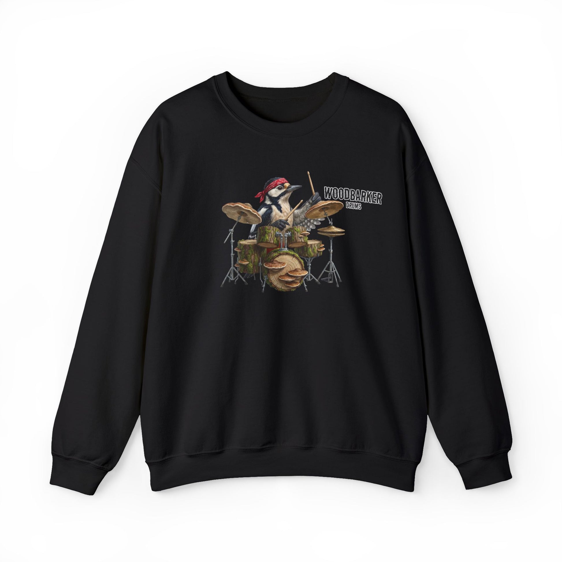 Black sweatshirt with a graphic design of a woodpecker playing drums on a white background