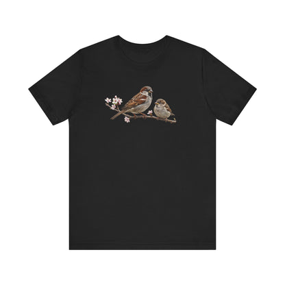Tree Sparrow & Fledgling T-Shirt | Spring Blossoms Unisex Graphic Tee