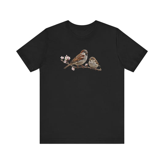 Tree Sparrow & Fledgling T-Shirt | Spring Blossoms Unisex Graphic Tee