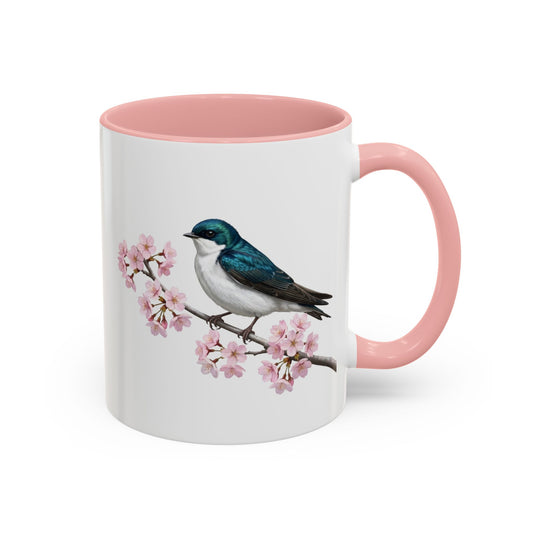 Tree Swallow Cherry Blossom Mug | Pink Ceramic Coffee Cup for Bird Lovers