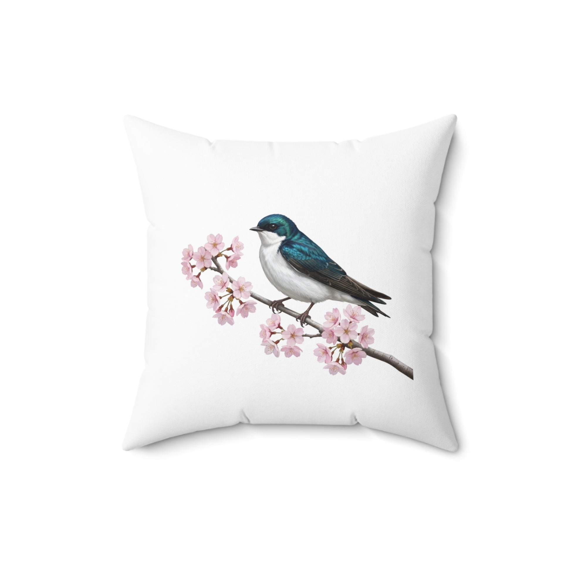 Tree Swallow Cherry Blossom Throw Pillow | White Floral Bird Accent Cushion
