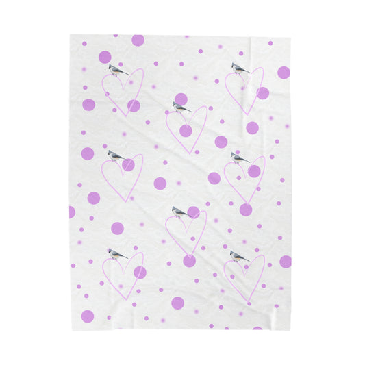 Tufted TItmouse Valentine's Day Bird Velveteen Plush Blanket Pink Hearts and Dots
