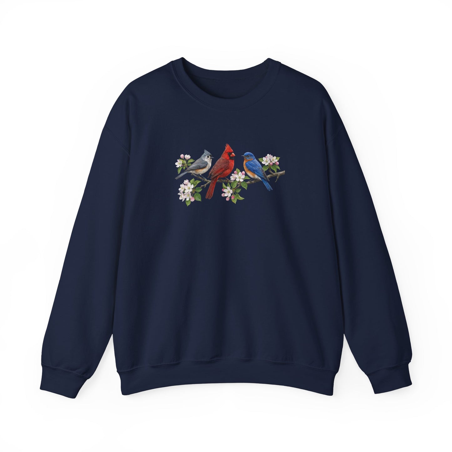 Navy blue sweatshirt with birds on a branch with apple blossoms spring design on a white background