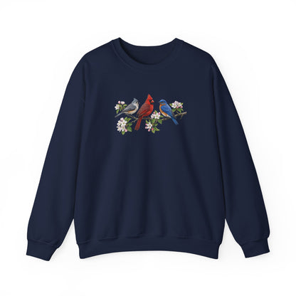 Navy blue sweatshirt with birds on a branch with apple blossoms spring design on a white background