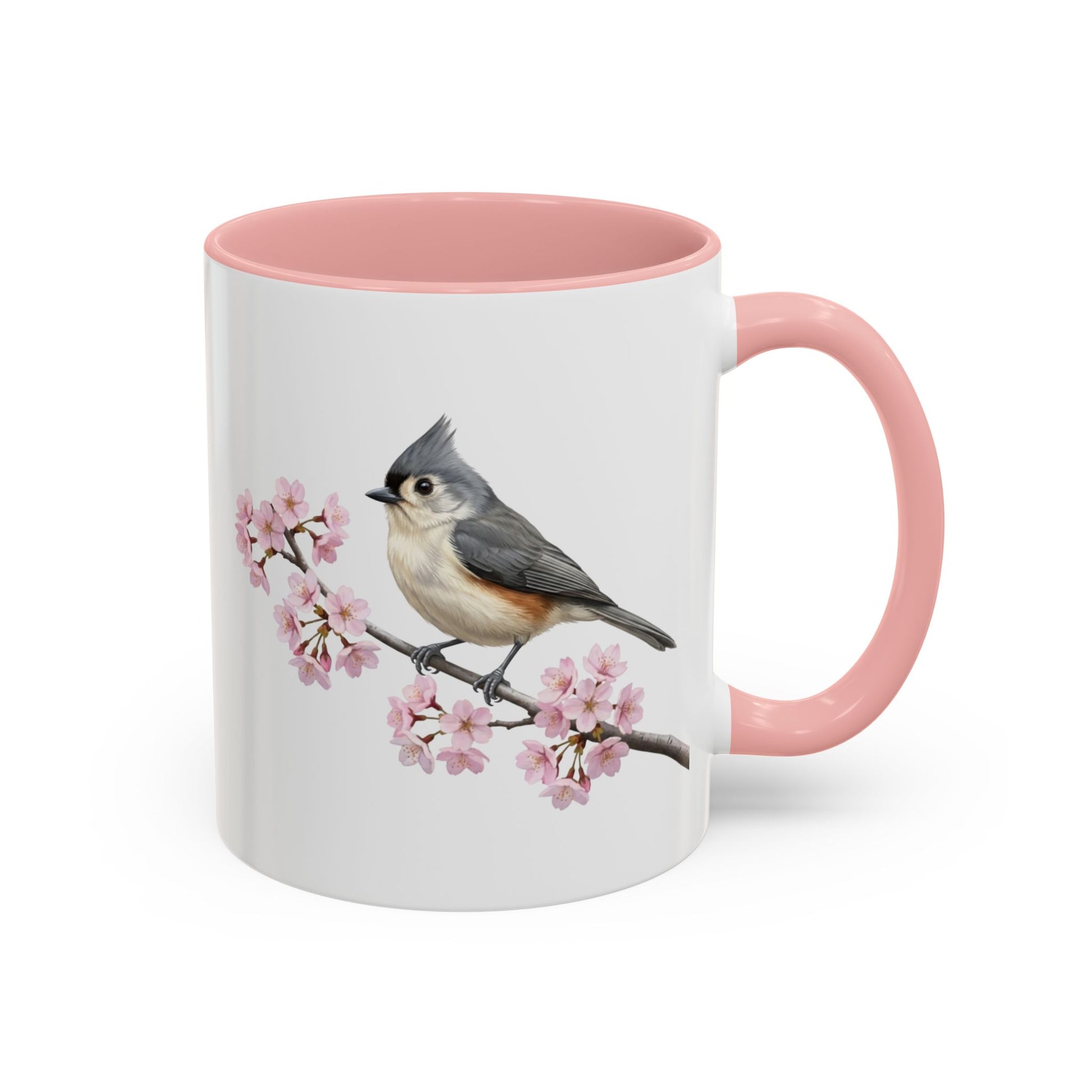 Tufted Titmouse Cherry Blossom Mug | Pink Ceramic Coffee Cup for Bird Lovers