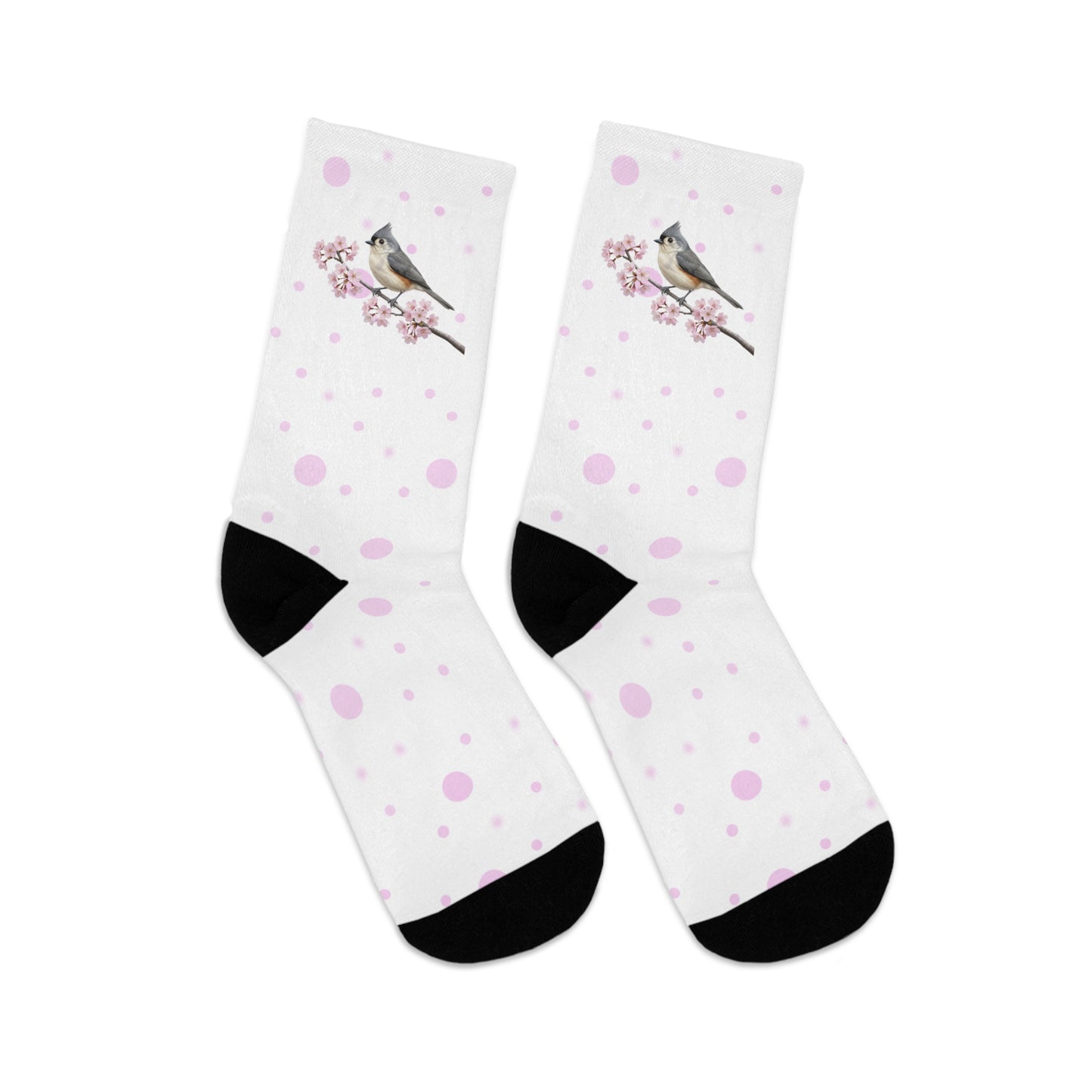 Tufted Titmouse Cherry Blossom Socks White | Floral Birdwatching Gift