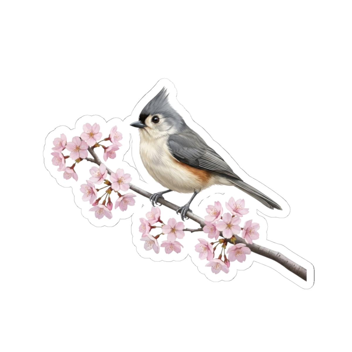 Tufted Titmouse Cherry Blossom Sticker | Glossy Floral Bird Decal | Spring Laptop Sticker