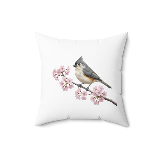 Tufted Titmouse Cherry Blossom Throw Pillow | White Floral Bird Accent Cushion