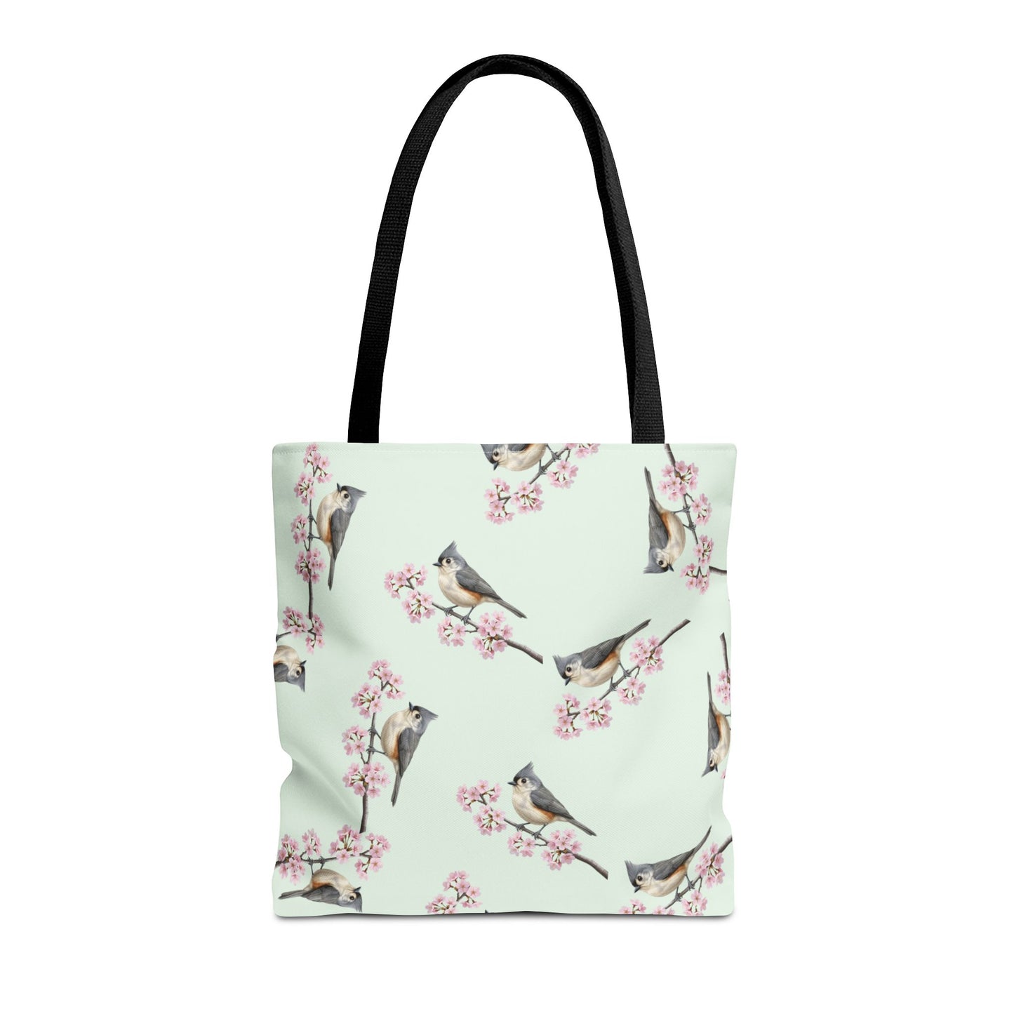 Tufted Titmouse & Cherry Blossom Tote Bag Sage Green | Birding & Birdwatcher Accessory