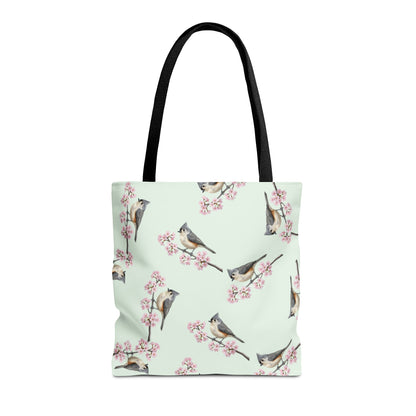 Tufted Titmouse & Cherry Blossom Tote Bag Sage Green | Birding & Birdwatcher Accessory