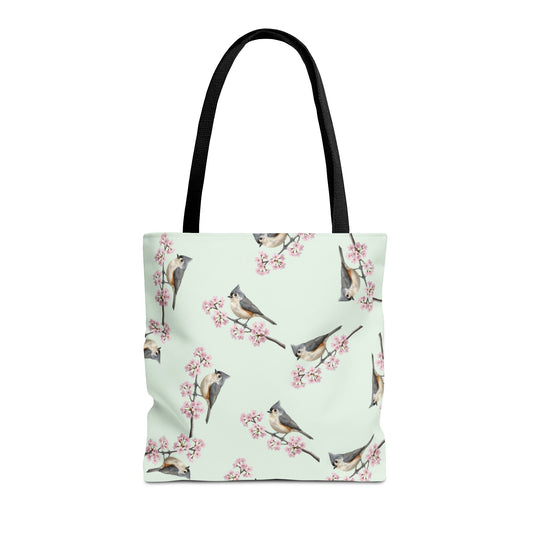 Tufted Titmouse & Cherry Blossom Tote Bag Sage Green | Birding & Birdwatcher Accessory