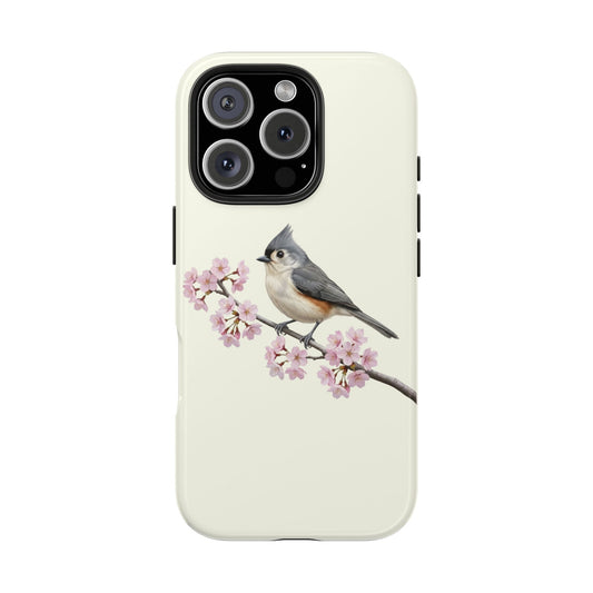 Tufted Titmouse & Cherry Blossom Tough iPhone Case Creamy White