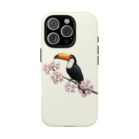 Tukan Handyhülle in Cremeweiß | Florales Kirschblüten Vogel-Motiv für iPhone & Google Pixel