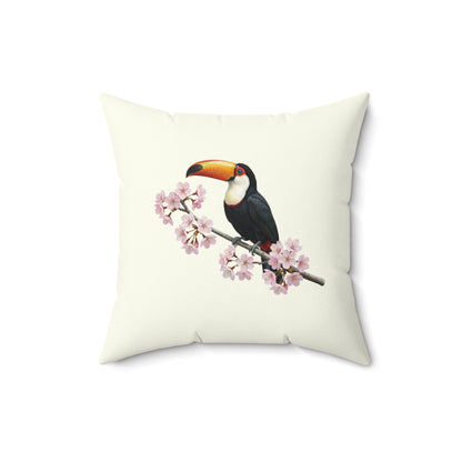 Tukan Kissen mit Kirschblüten in Cremeweiß | Dekokissen 40x40 mit Vogelmotiv