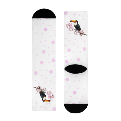 Tukan Socken mit Kirschblüten | Weiß Rosa gepunktete Vogelmotiv Strümpfe
