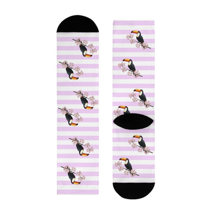 Tukan Socken mit Kirschblüten | Weiß Rosa gestreifte Vogelmotiv Strümpfe