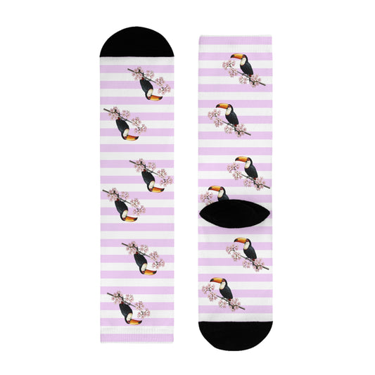 Tukan Socken mit Kirschblüten | Weiß Rosa gestreifte Vogelmotiv Strümpfe