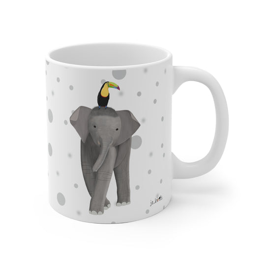 Tukan auf einem Elefanten Vogel Tasse Punkte Grau