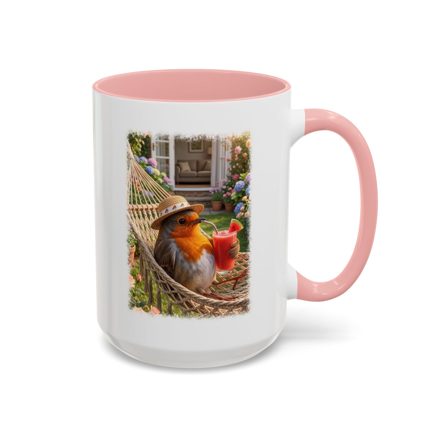 Two-tone ceramic mug featuring a digital illustration of a cute backyard bird named Robin Rosi. She is wearing a sun hat, relaxing in a hammock in the garden, and holding a glass of watermelon smoothie.