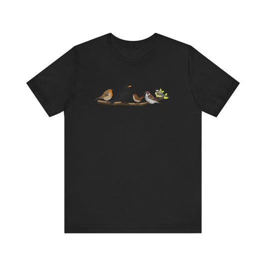 Vögel auf einem Ast T-Shirt Amsel Rotkehlchen Kohlmeise Zaunkönig Spatz Vogel Singvogel