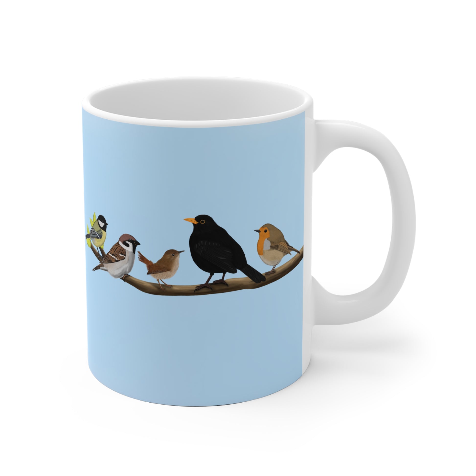 Vögel auf einem Ast Tasse Amsel Rotkehlchen Blaumeise Zaunkönig Spatz Kohlmeise Blau