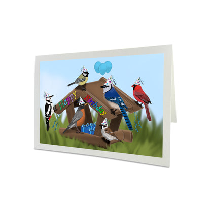 Party at the Bird Feeder Blue Jay Cardinal Robin Happy Birthday Bird Greeting Card